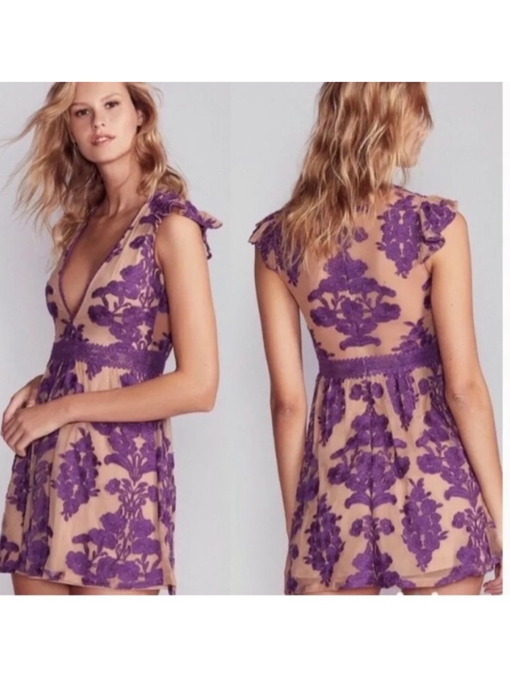 Free People For Love & Lemons Temecula Fit and Flare Mini Dress in Plum - Small